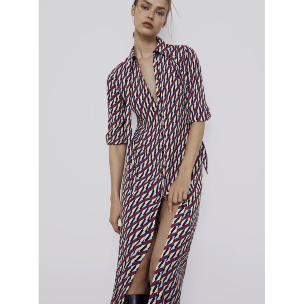 ZARA Geo Print Shirt Sussy Dress With Tie neck NWOT